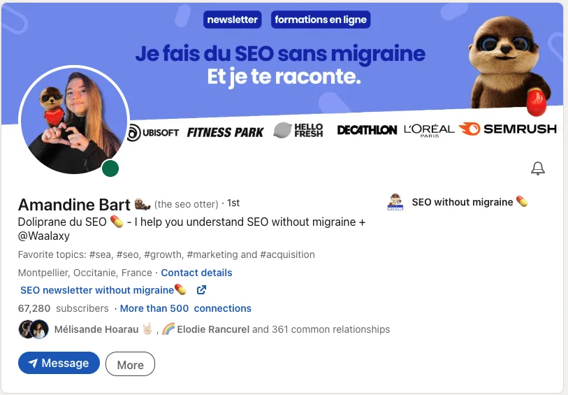 Profil LinkedIn Amandine Bart SEO Waalaxy