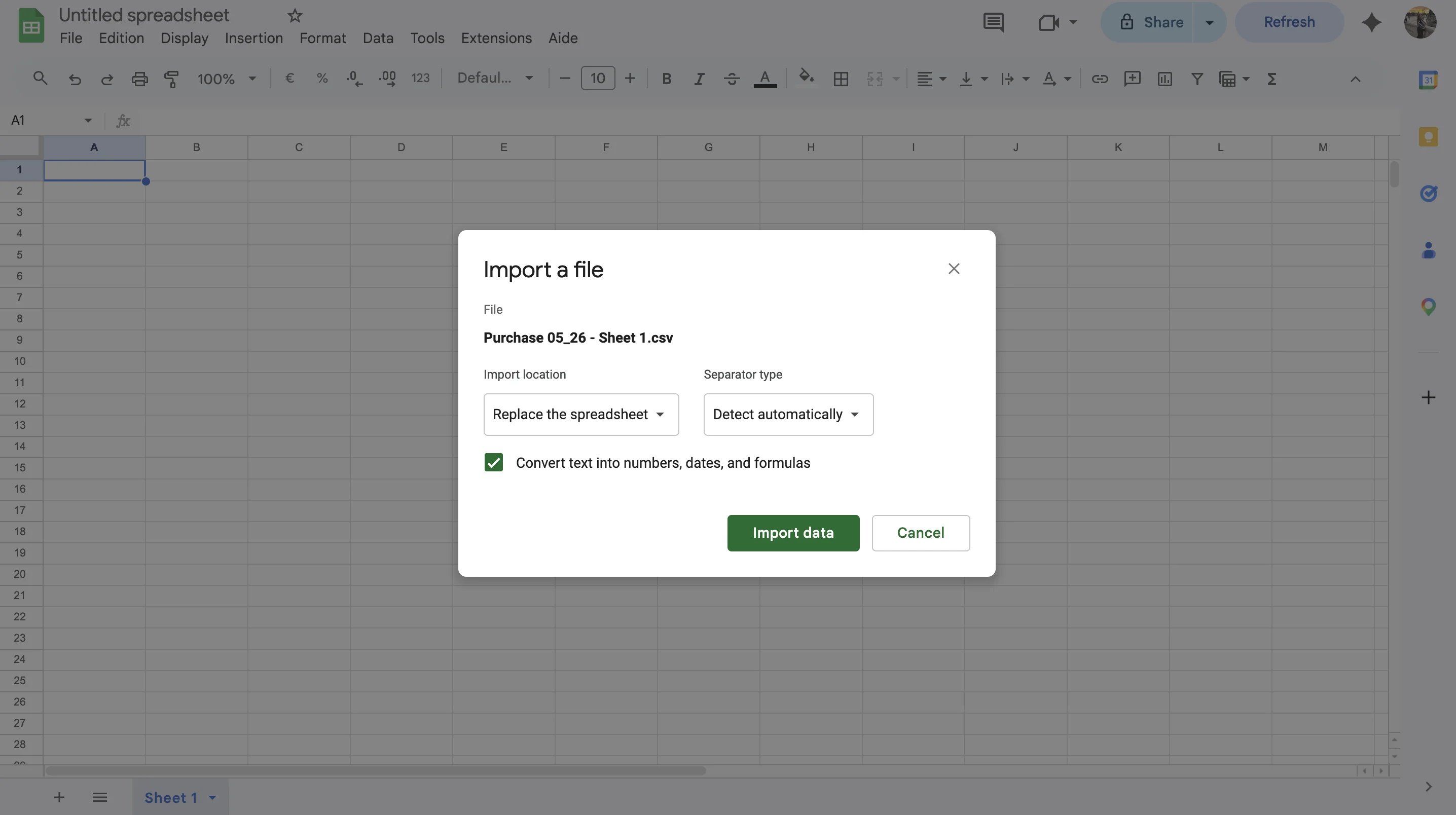 Open a CSV file with Google Sheets