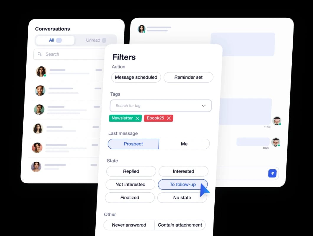 Filtrare le conversazioni LinkedIn per etichetta, stato e ultimo messaggio in Inbox Waalaxy