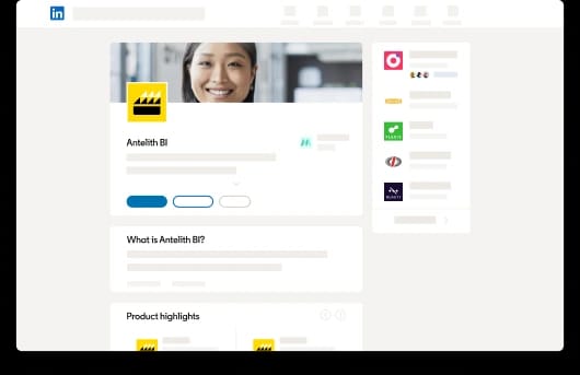 Exemple de page produit LinkedIn, avec nom, boutons d'action et description
