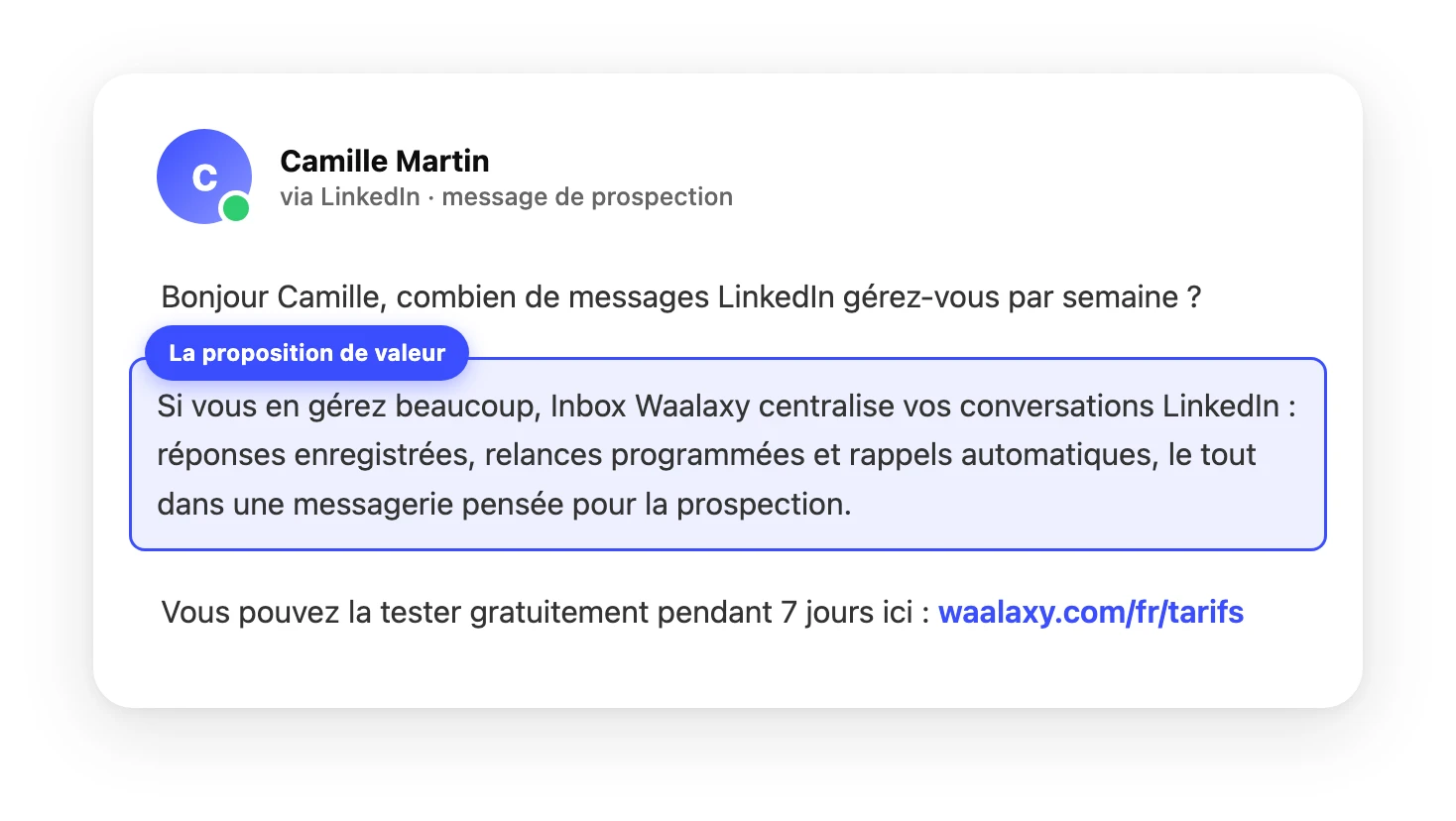 Exemple de message de prospection LinkedIn : la proposition de valeur mise en évidence