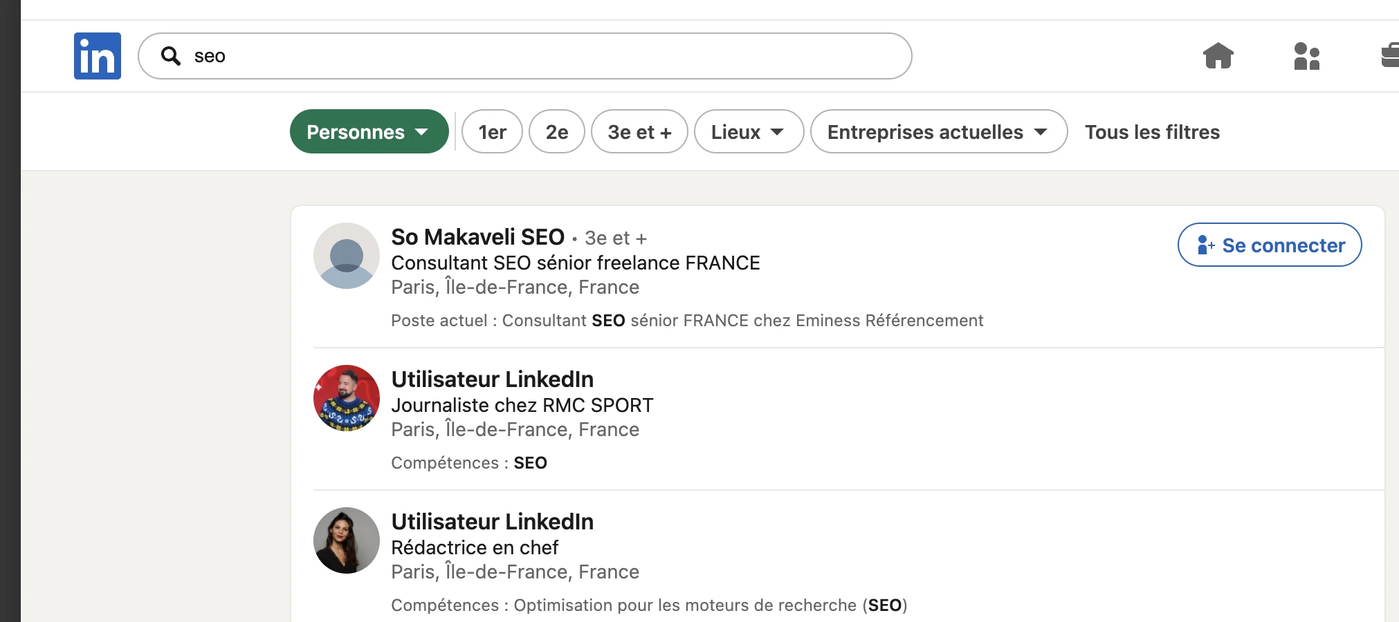 Searching for people on LinkedIn using the search filters
