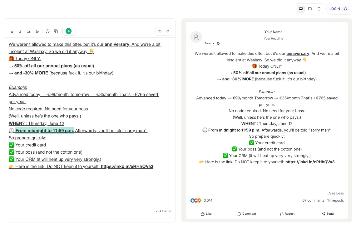 Formateador de texto para publicaciones de LinkedIn de Reepl