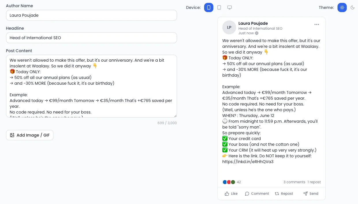 Vista previa de publicación de LinkedIn con ReactIn