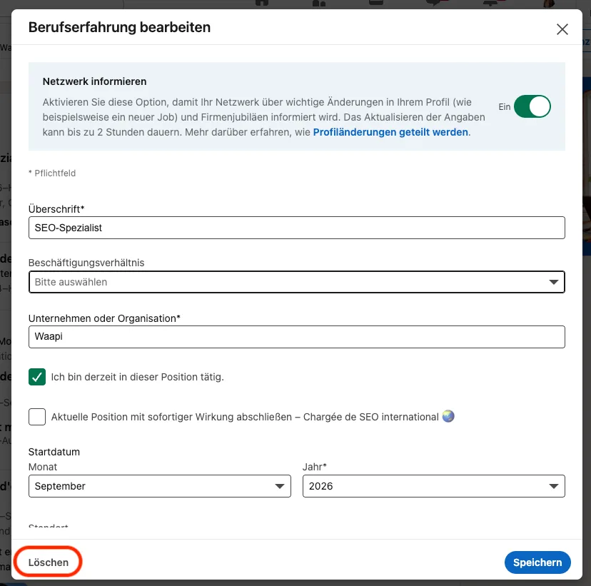 Cancel experience on linkedin de