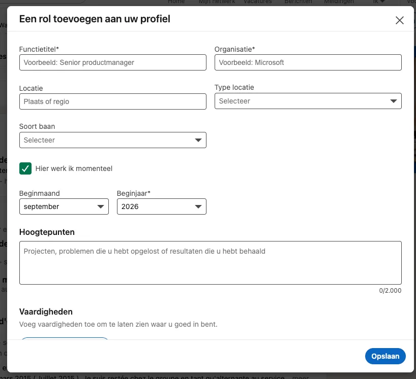 Add an experience to linkedin nl