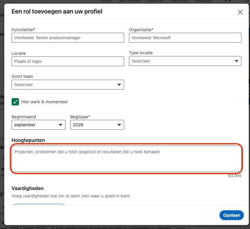 Add an experience to linkedin nl