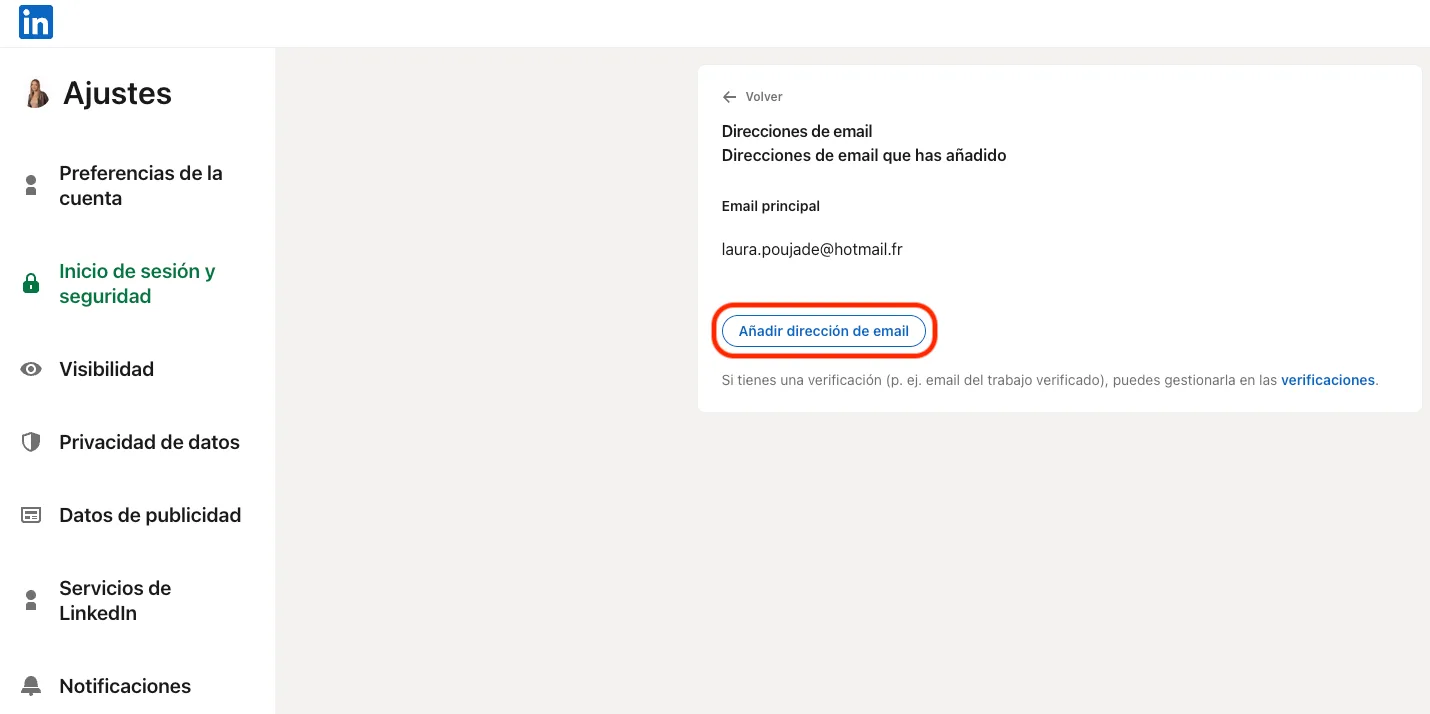 Anadir direccion de email en linkedin