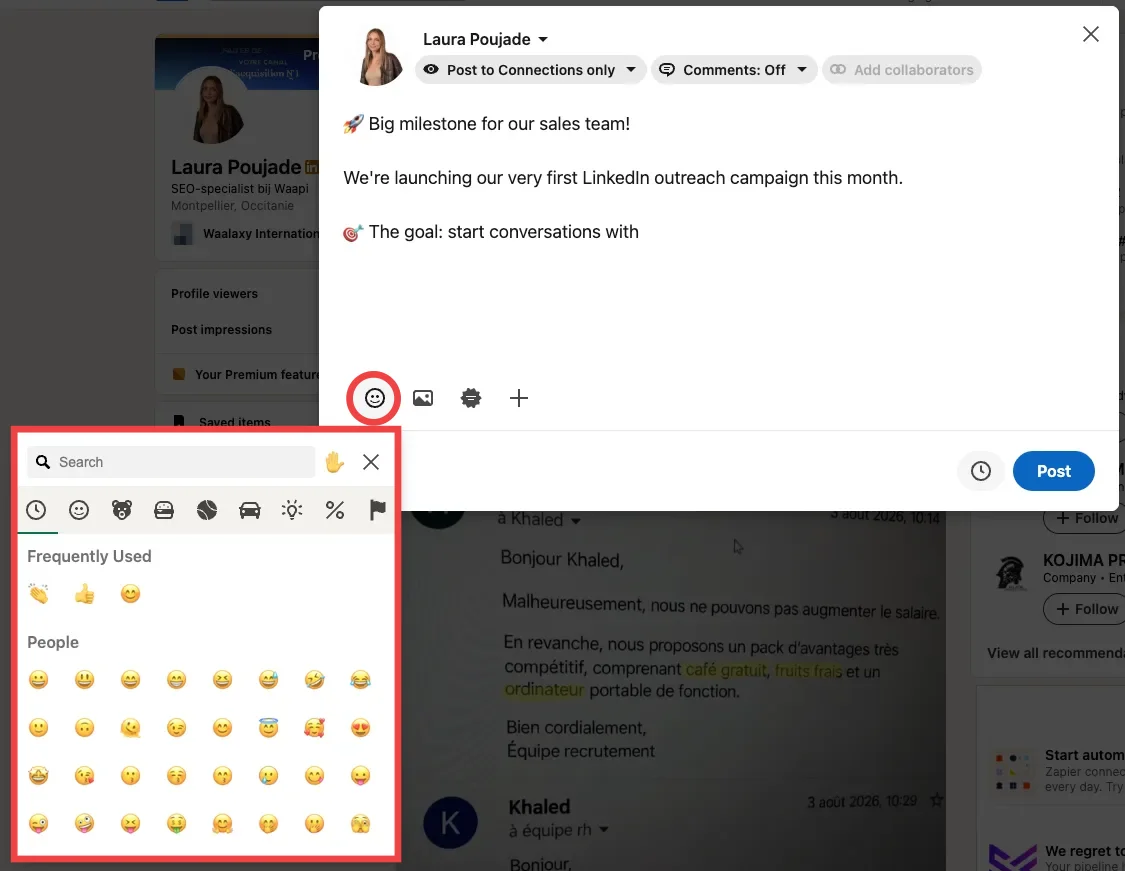 Add an emoji to a linkedin post