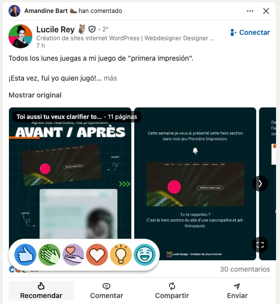 Post linkedin con reacciones de emojis
