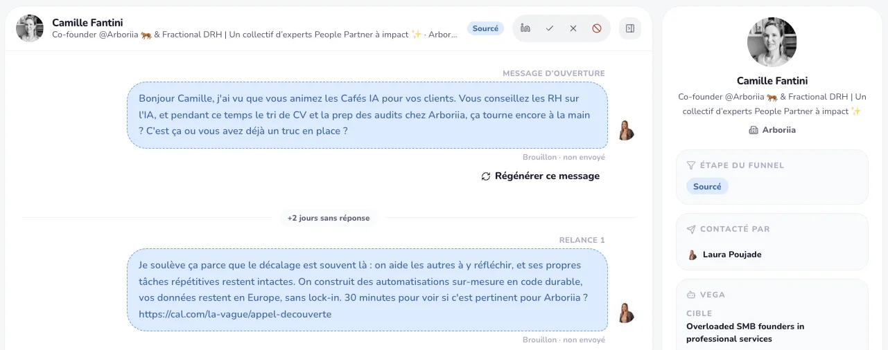 Conversation inbox waalaxy ai avec détails du prospect