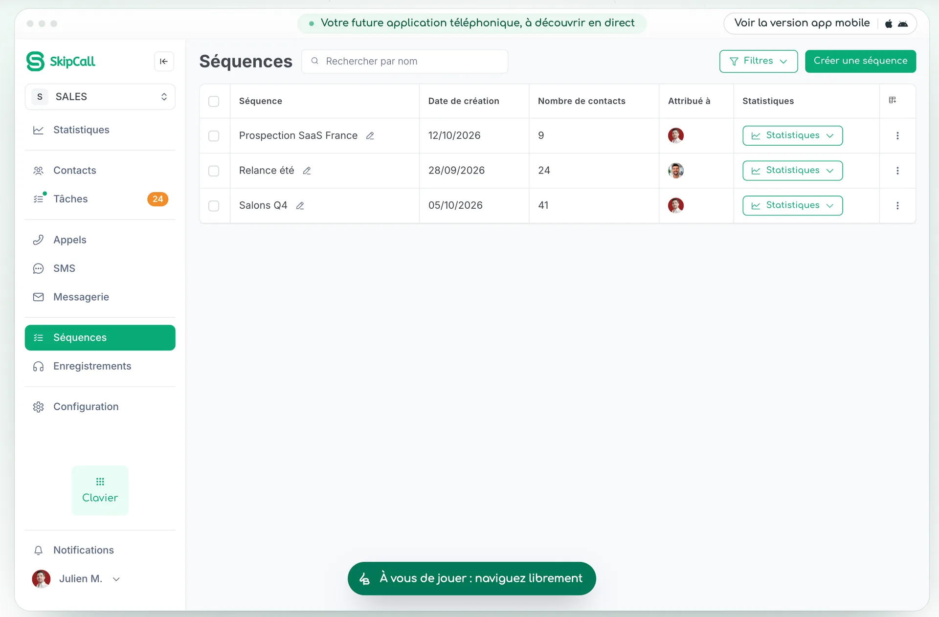 Interface de Skipcall, parallel dialer 4 lignes avec téléphonie incluse