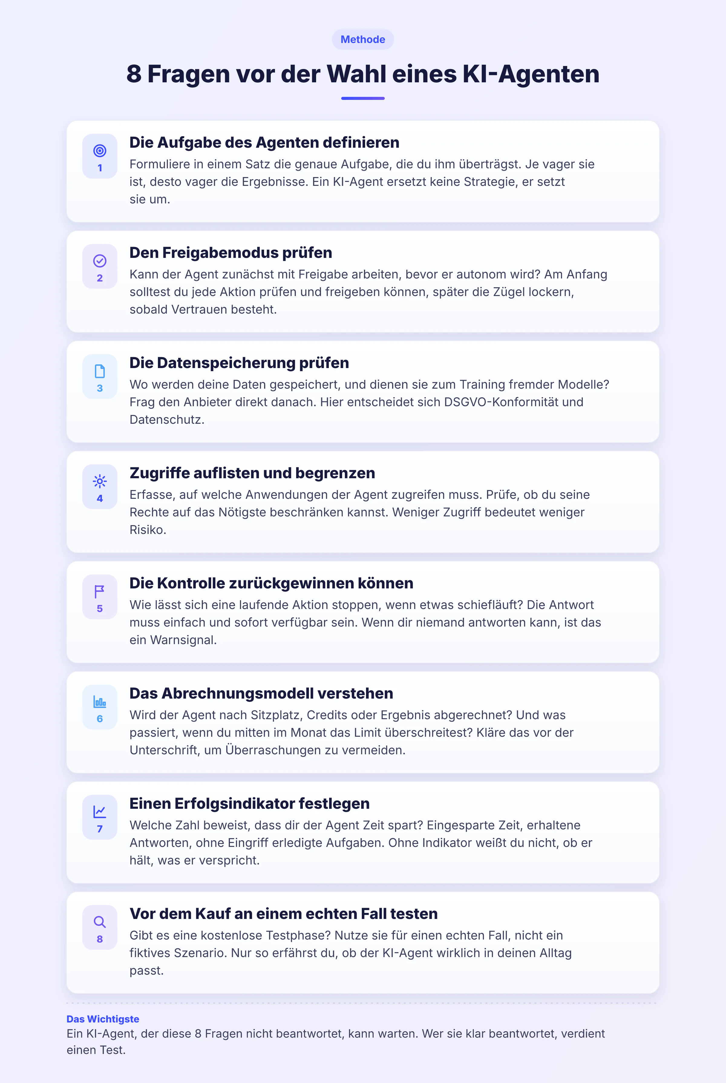 Checkliste mit 8 Fragen vor der Wahl eines KI-Agenten, dargestellt als illustrierter Prozess in 8 Schritten.