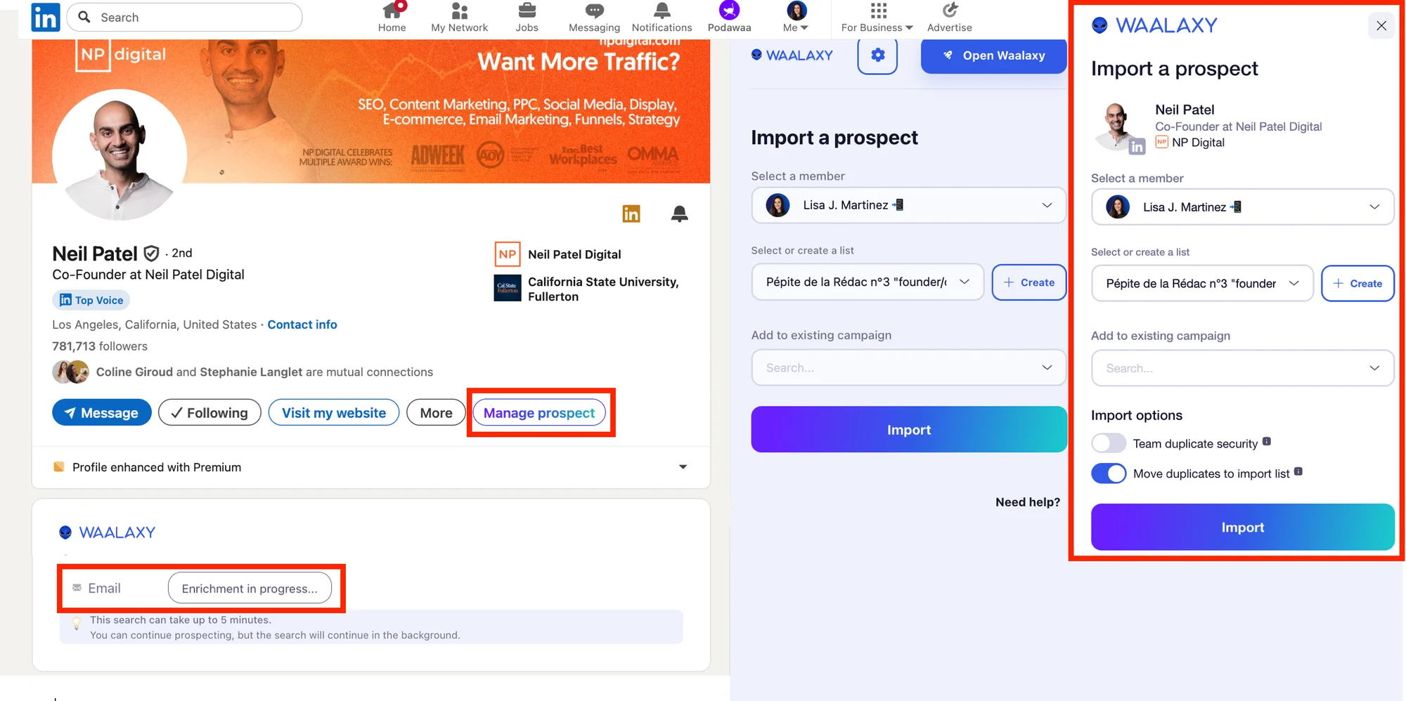 Enrich lists on LinkedIn with Waalasy