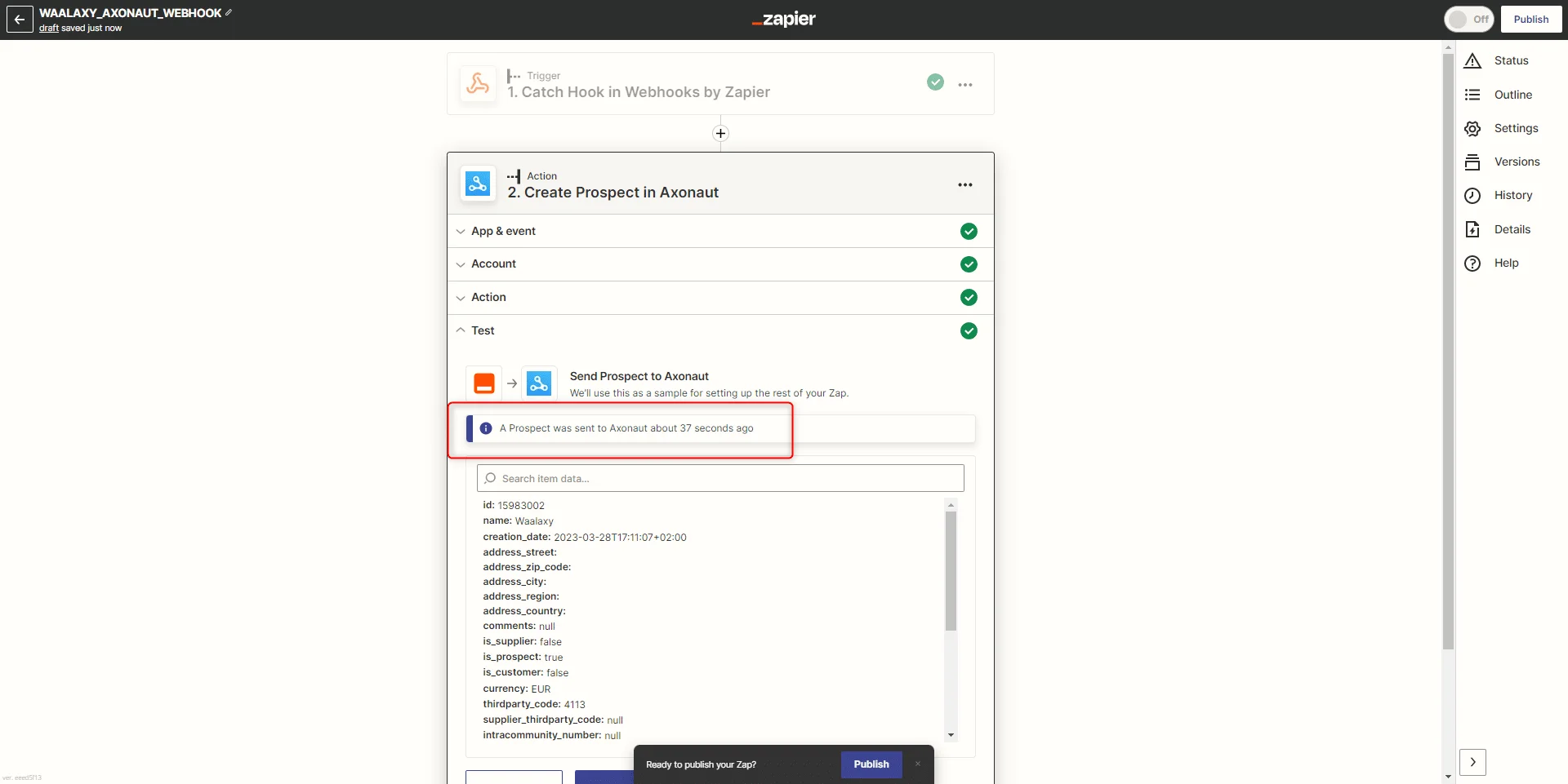 Interface Zapier pour configurer l'automatisation de création de profil Asana