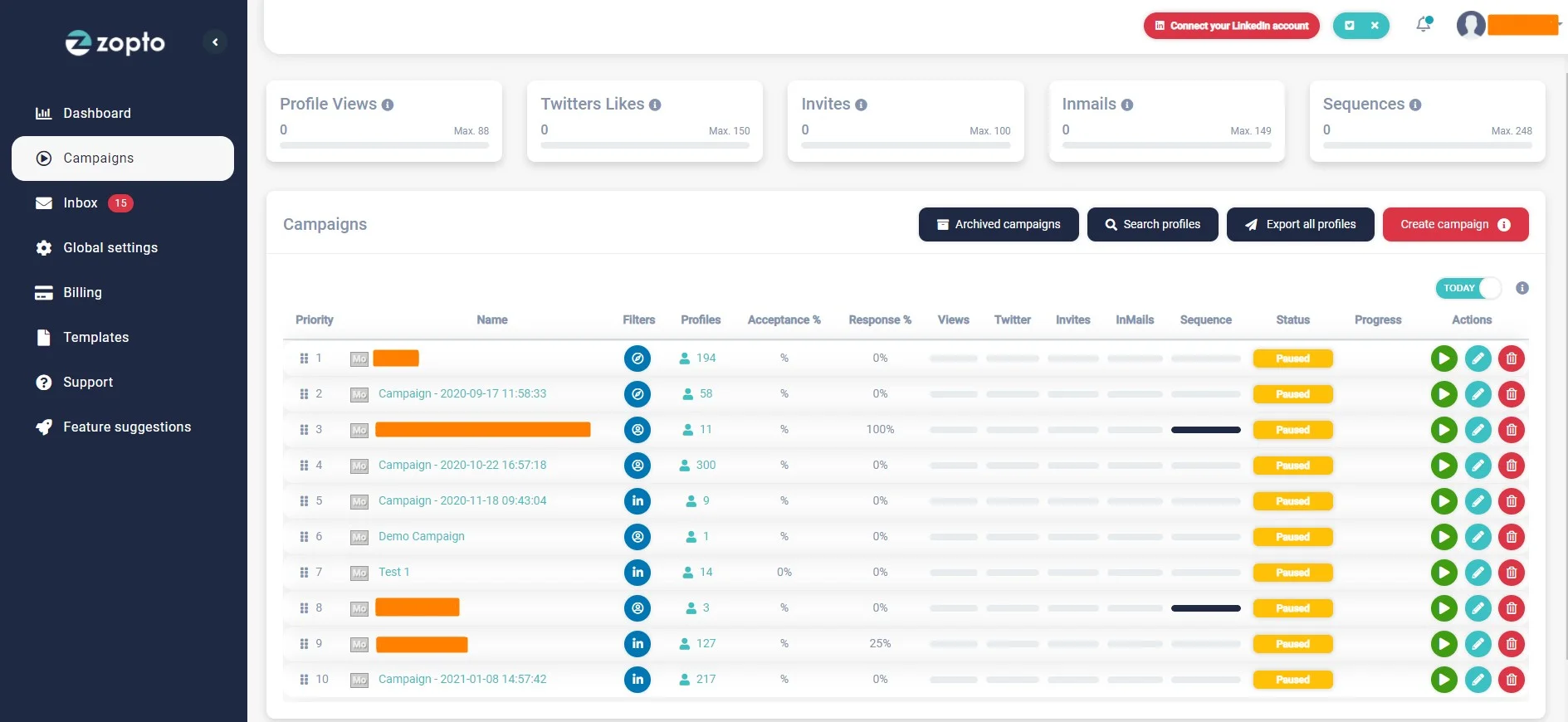 Dripify alternatives Zopto dashboard