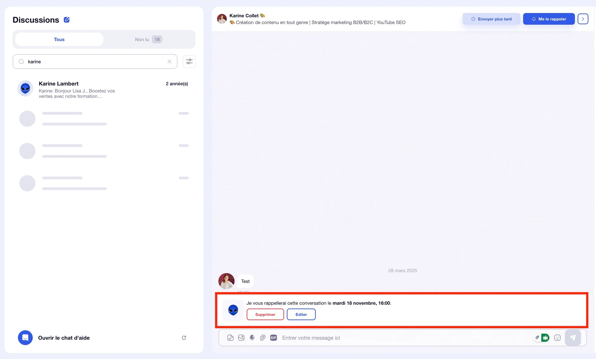 Interface de support en ligne avec messages et informations d'utilisateur.