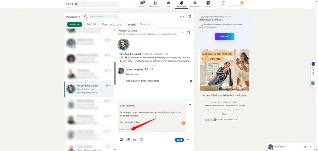 Page LinkedIn, messagerie, profil en cours d'interaction, bouton "Envoyer".