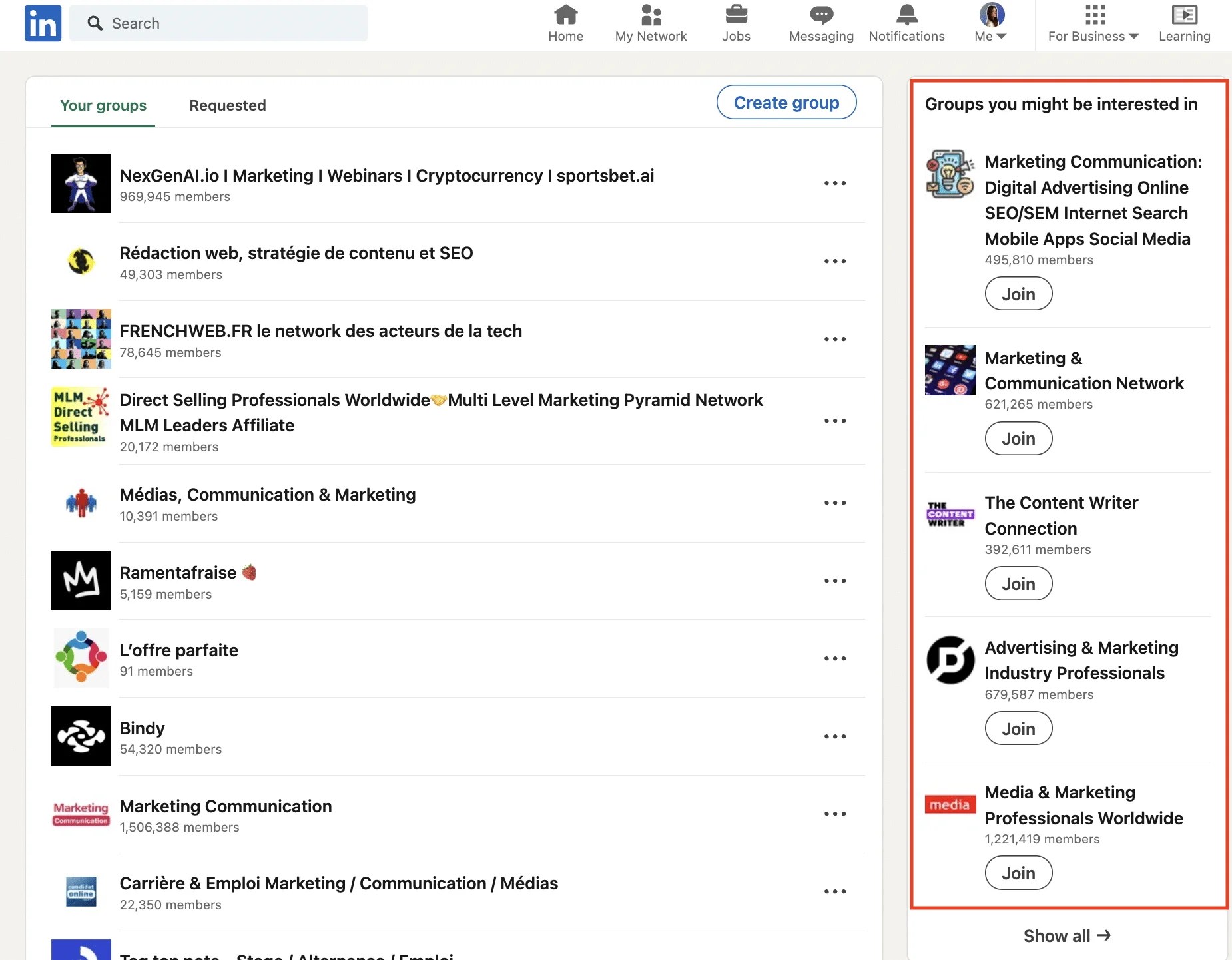 Grupos de LinkedIn recomendados basados en tus intereses