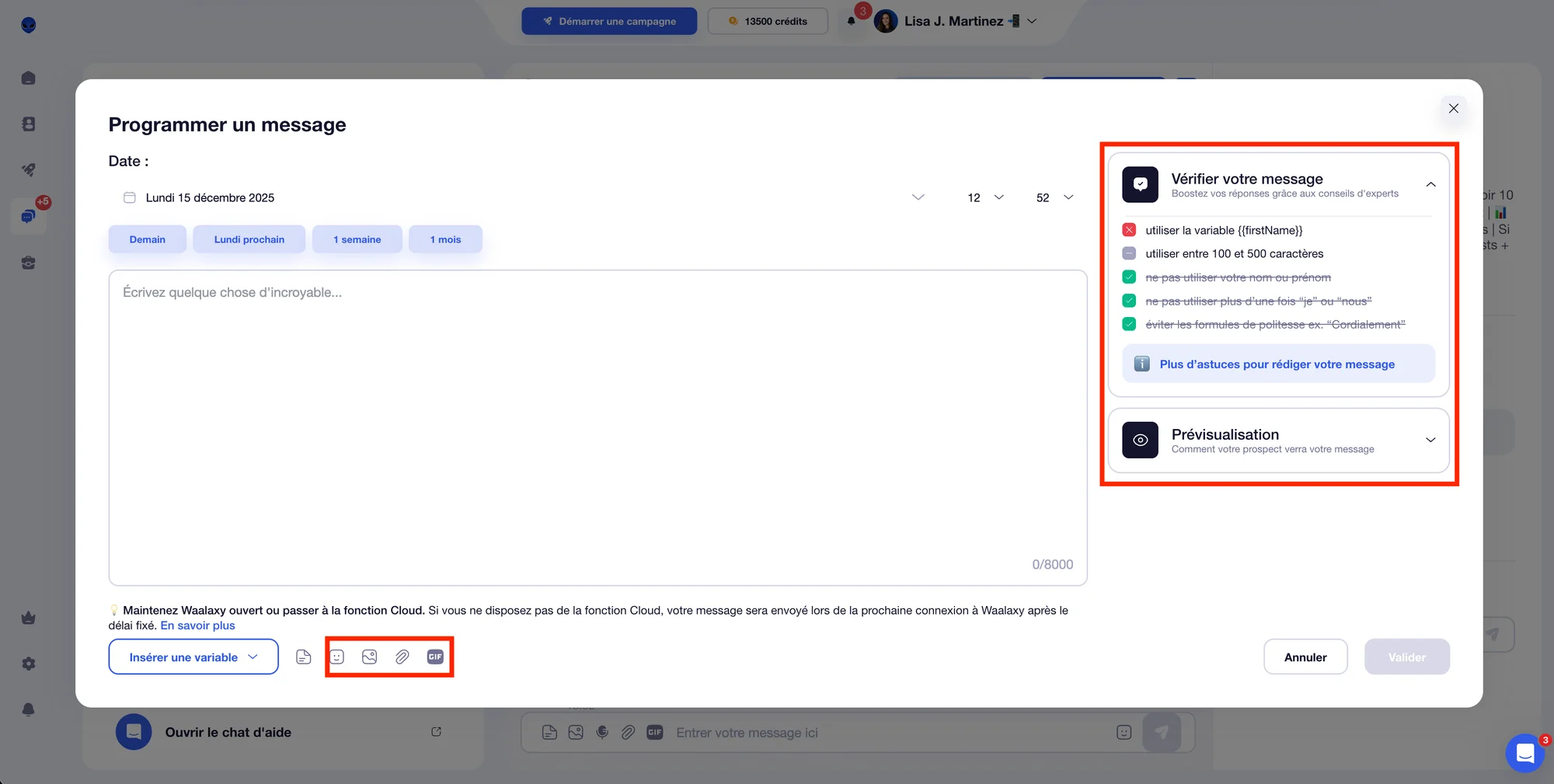 Enrichir et vérifier le message programmé dans Waalaxy.