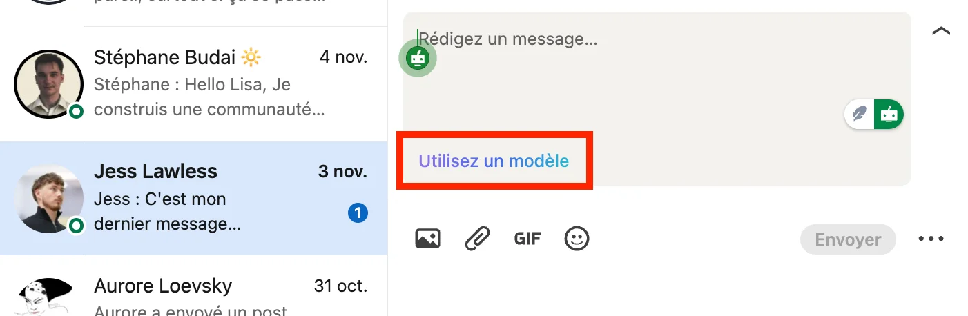 Modèle de message LinkedIn préenregistré dans Inbox LinkedIn.