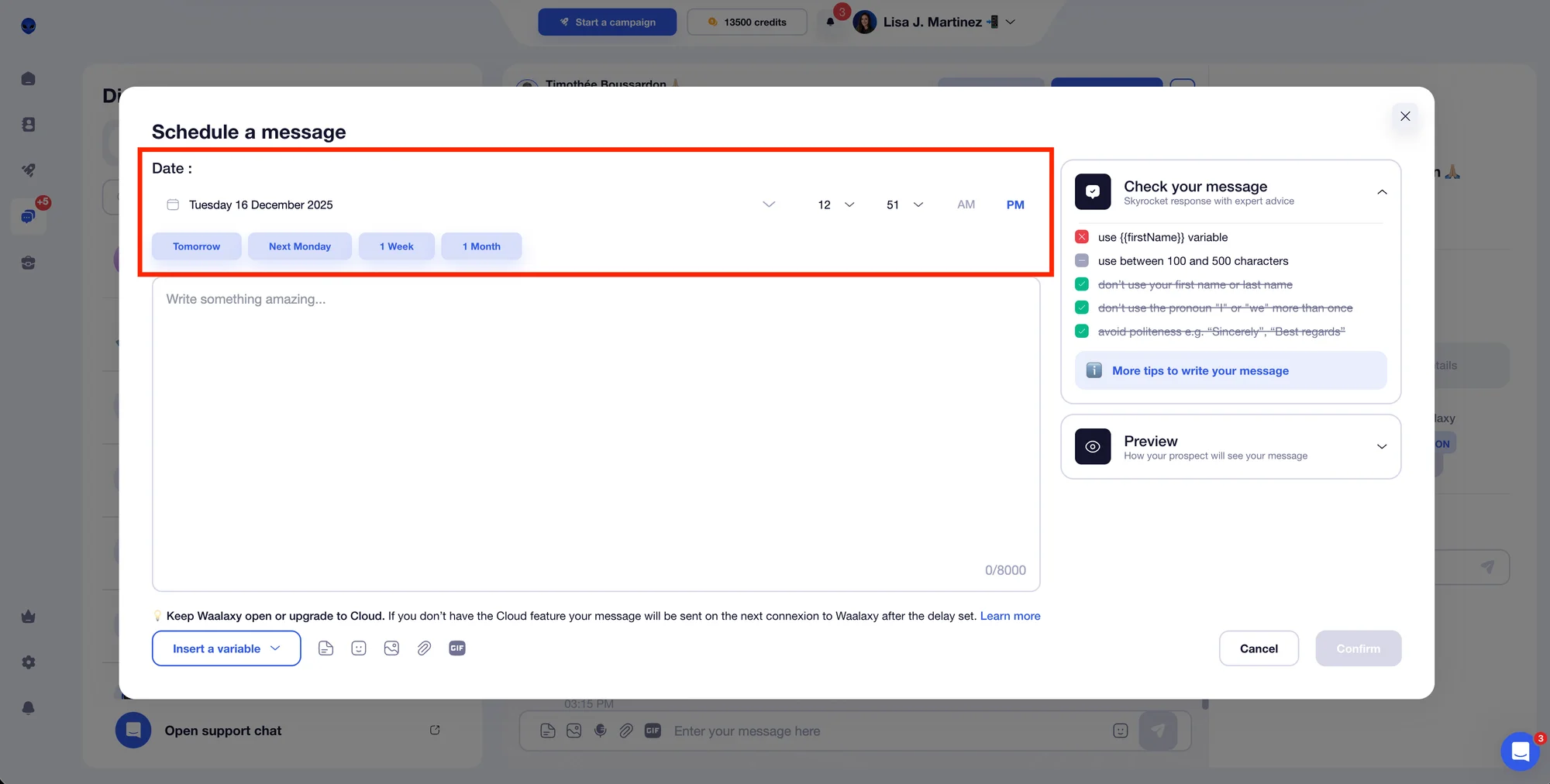 LinkedIn Nachrichten in der Waalaxy Inbox planen (Datum und Uhrzeit)