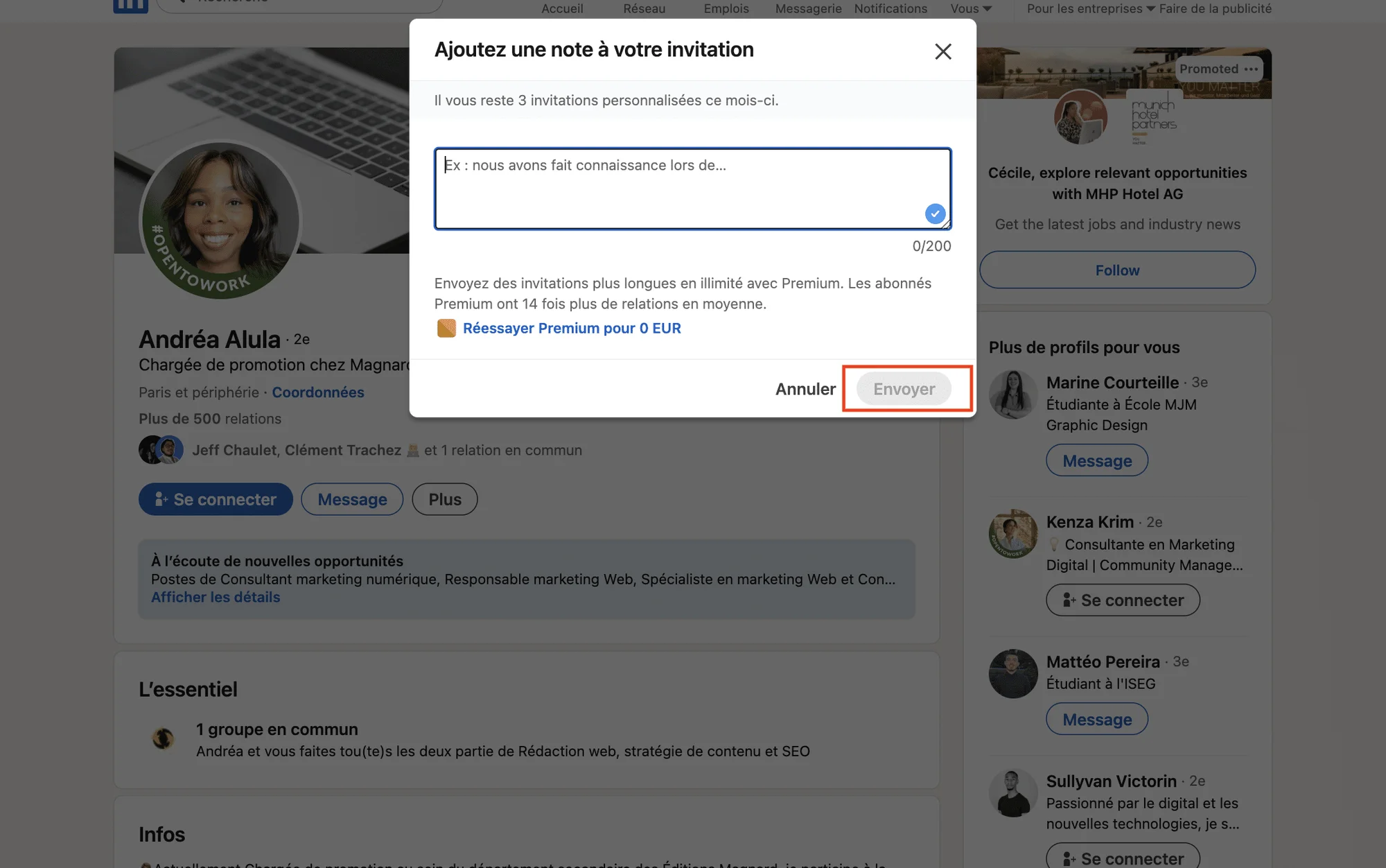 invitation LinkedIn écrire une note d'invitation