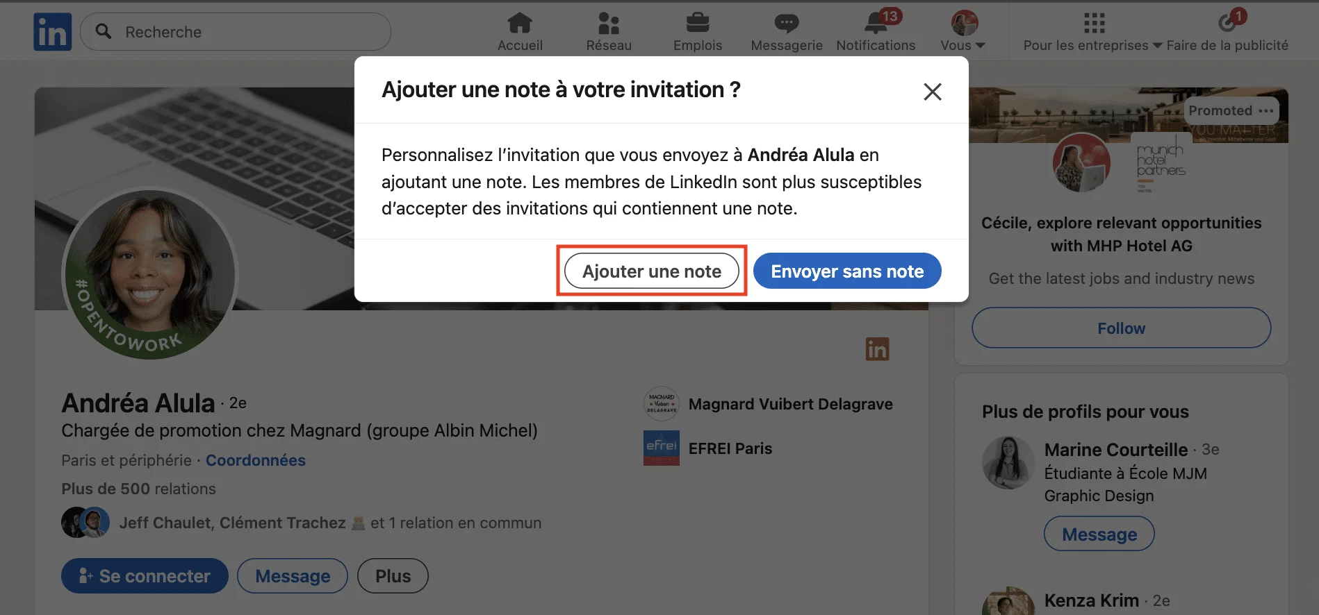 invitation LinkedIn ajouter une note d'invitation