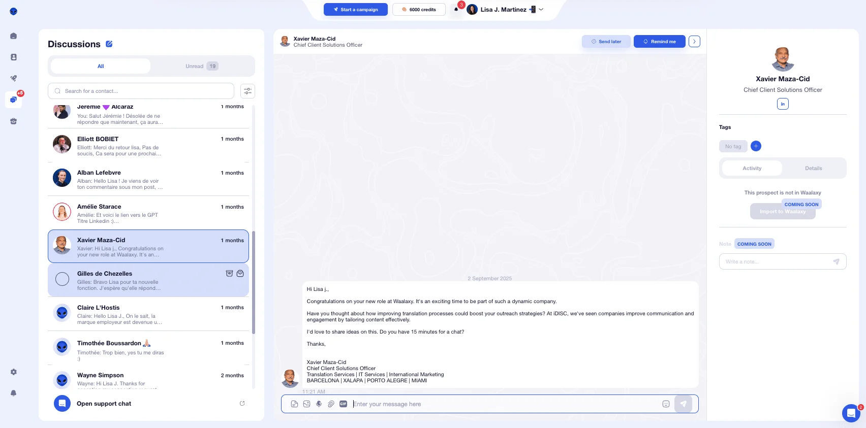 Waalaxy inbox interface