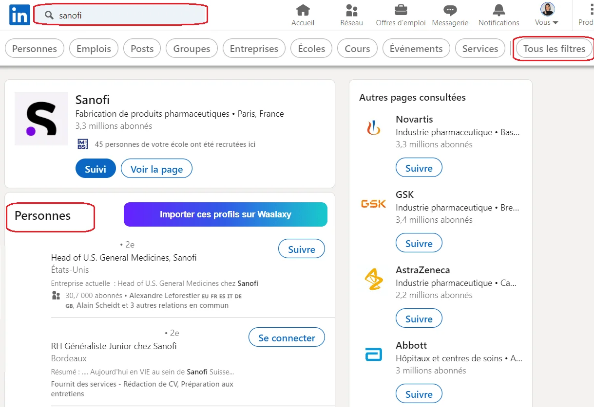 Résultats de recherche LinkedIn pour Sanofi dans la section Personnes, affichant 3,5 millions d'utilisateurs