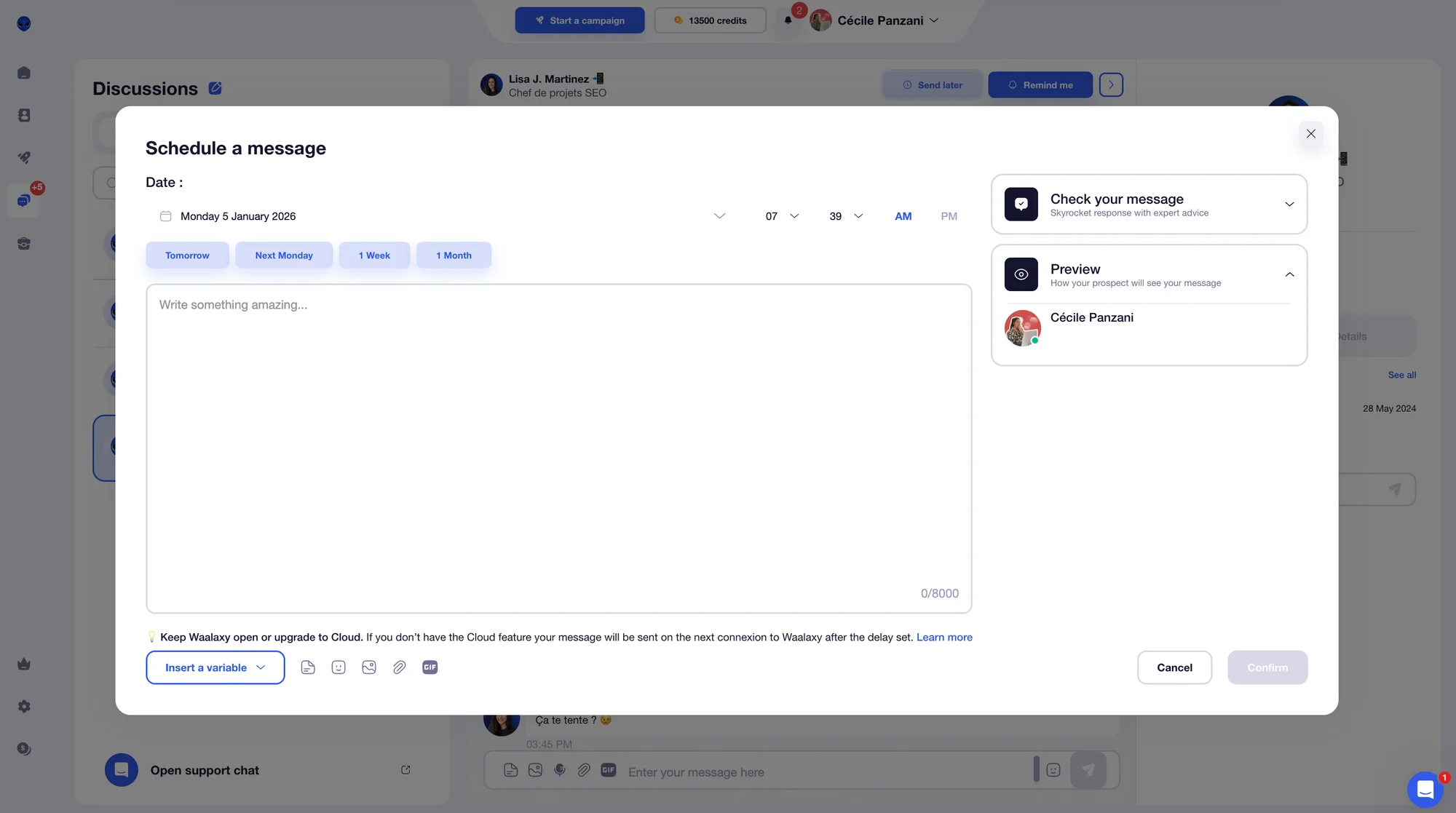 Schedule a message with Waalaxy Inbox