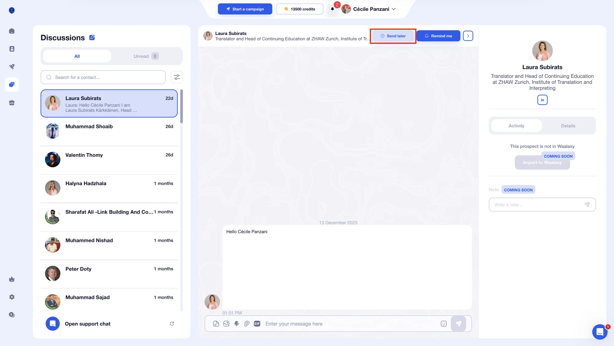 Waalaxy inbox interface