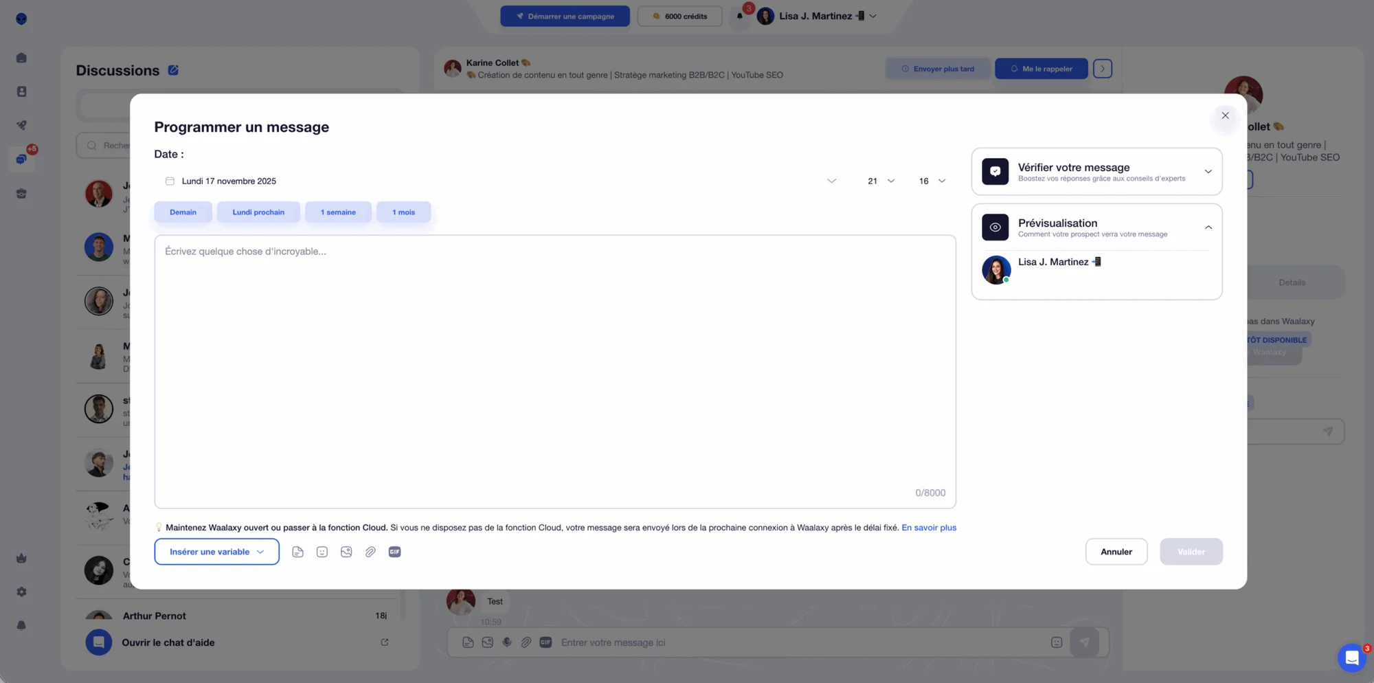 programmer un message avec l'inbox waalaxy