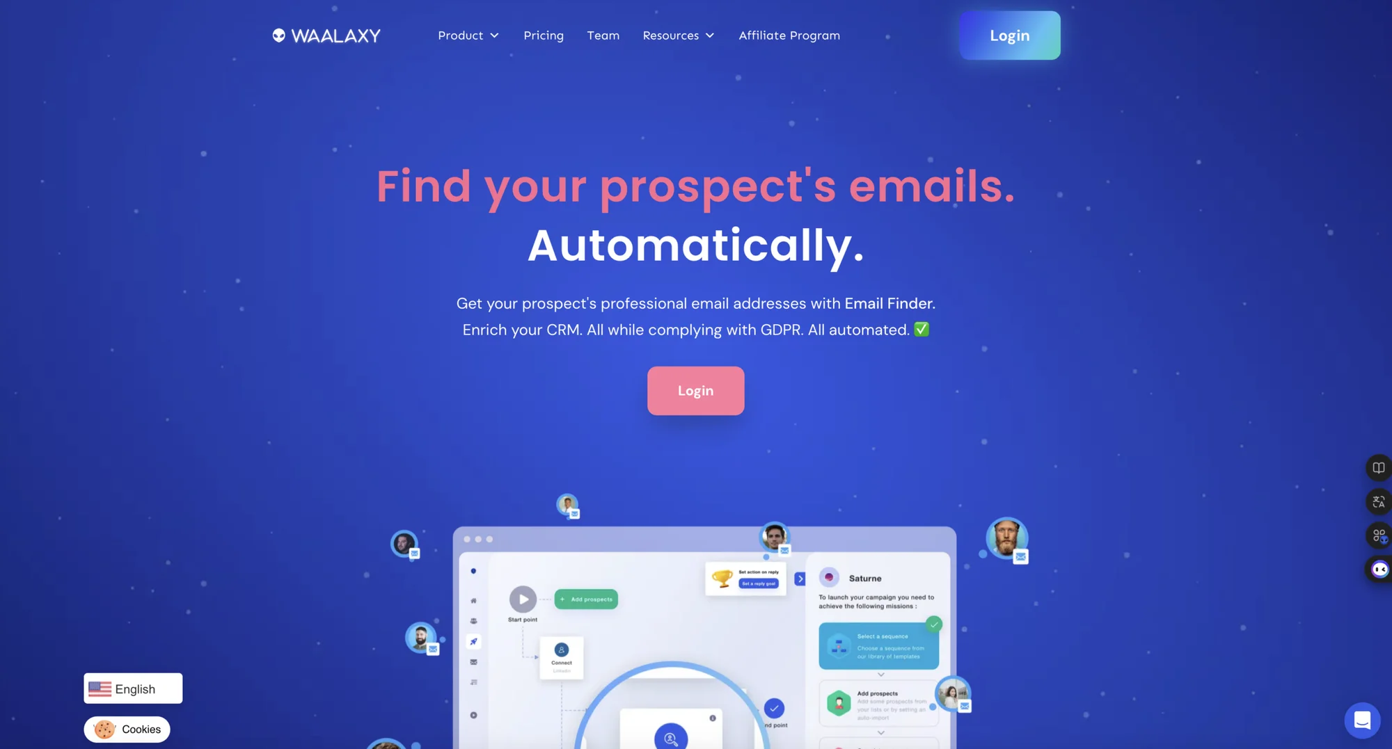 Waalaxy email finder interface showing prospect email discovery feature for LinkedIn B2B sales
